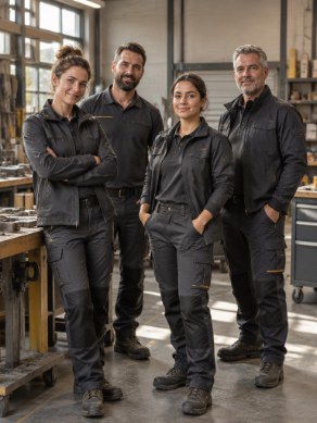 Team in uniforme donkere werkkleding